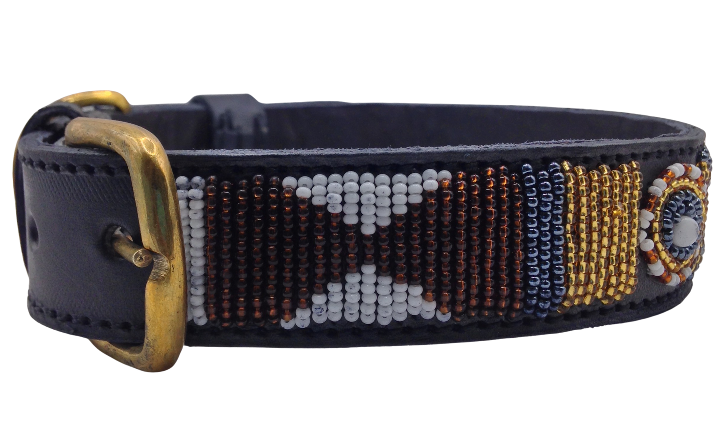 Handcrafted Maasai Dog Collar -Brown Gold Geometric