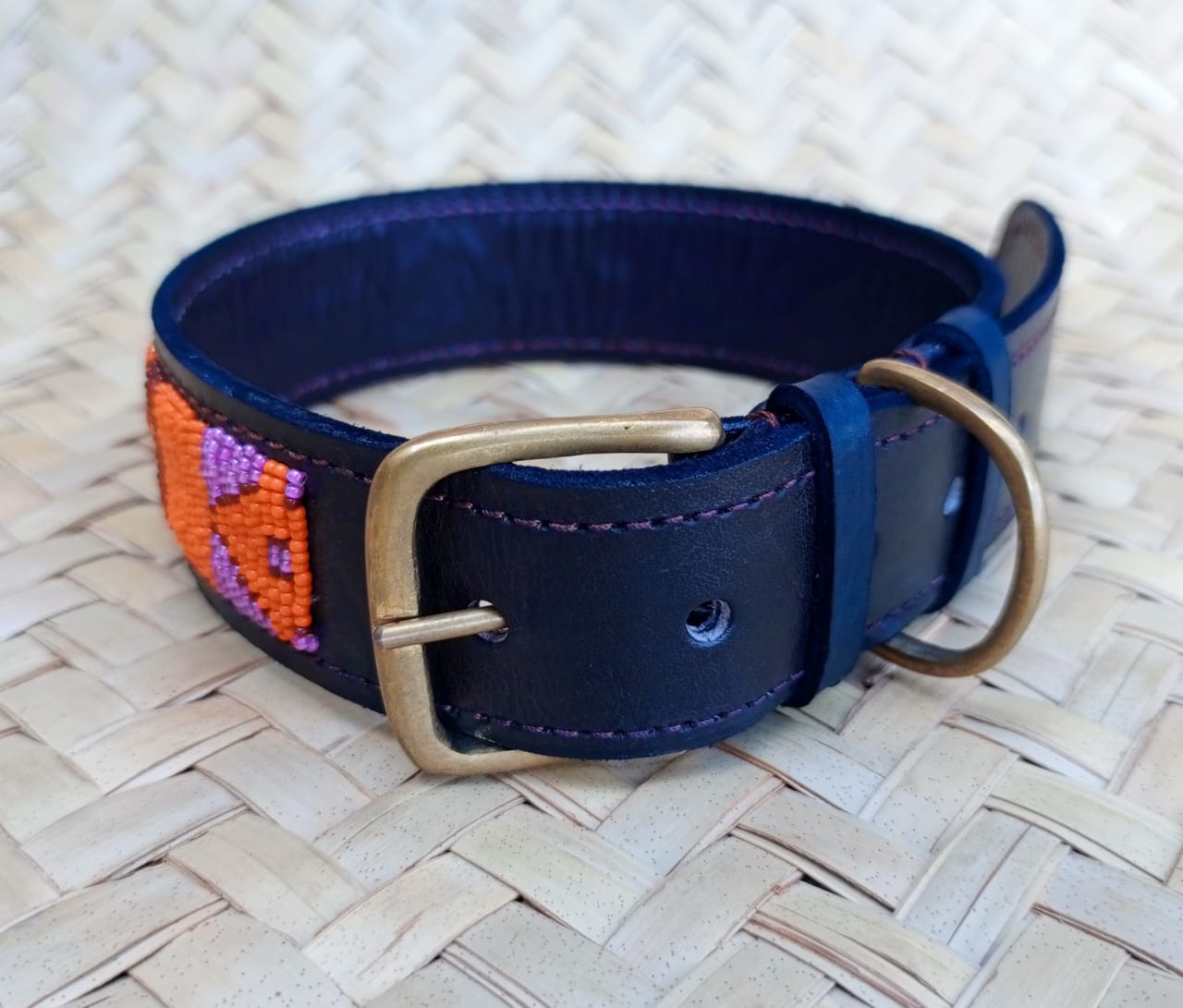 Handcrafted Maasai Dog Collar - Orange Gold Geometric