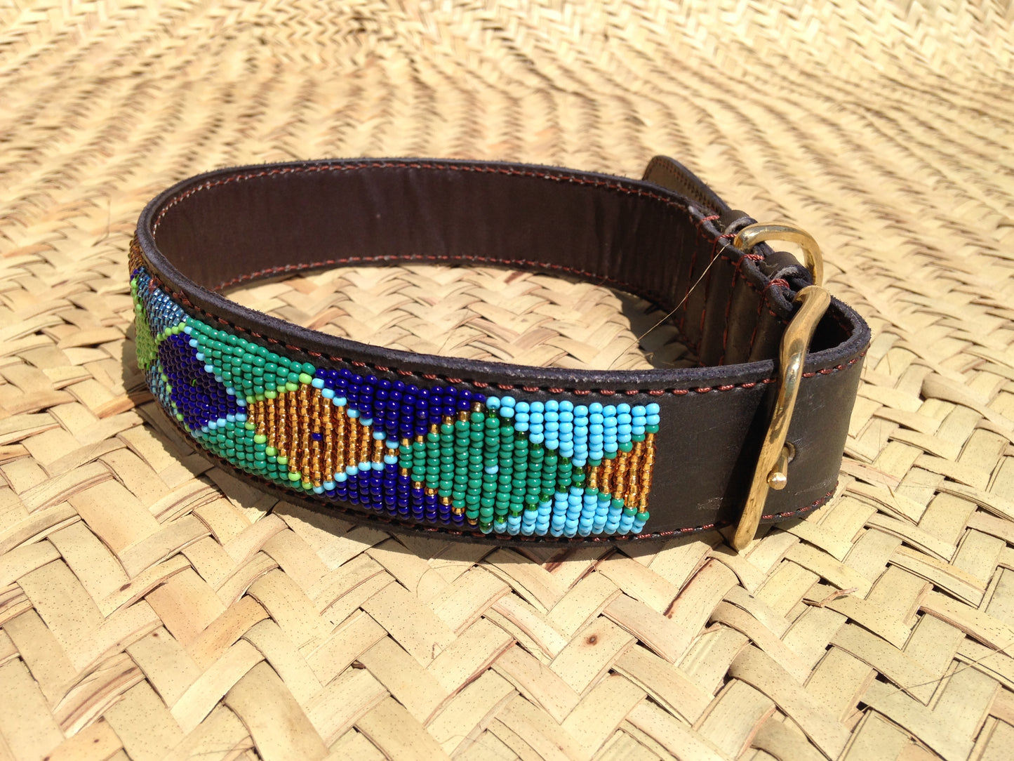 Handcrafted Maasai Dog Collar - Green Gold Geometric