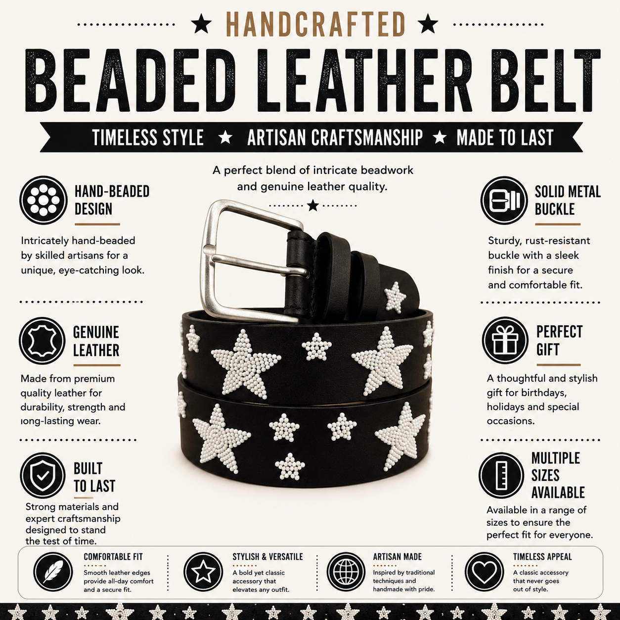Handcrafted Maasai Belt - White Stars