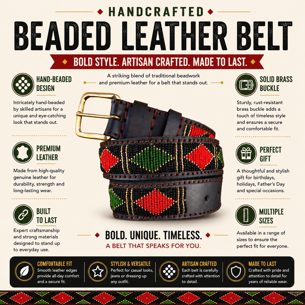 Handcrafted Maasai Belt - Red Green Geometric