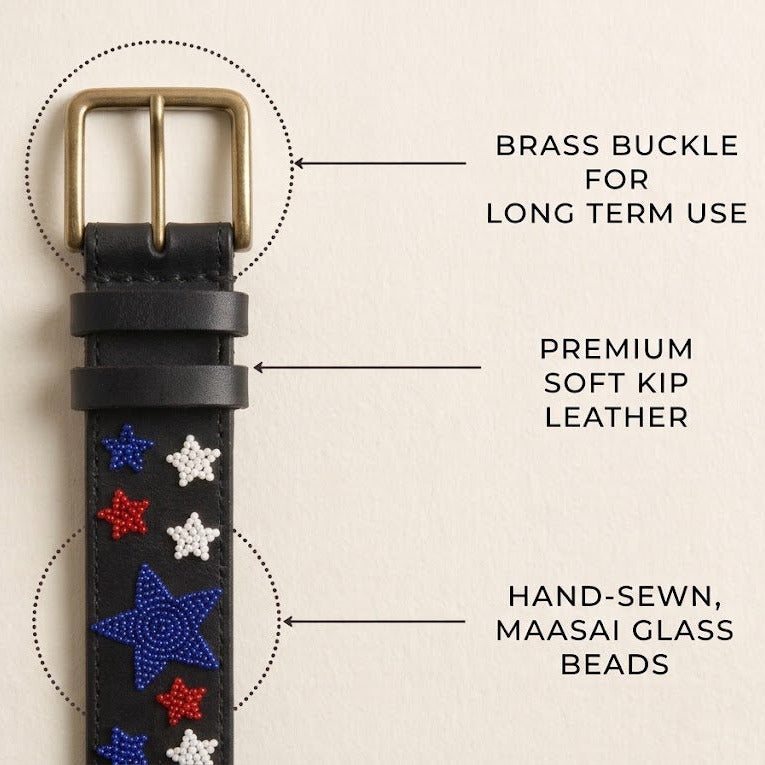 Handcrafted Maasai Belt - Red White Blue Stars