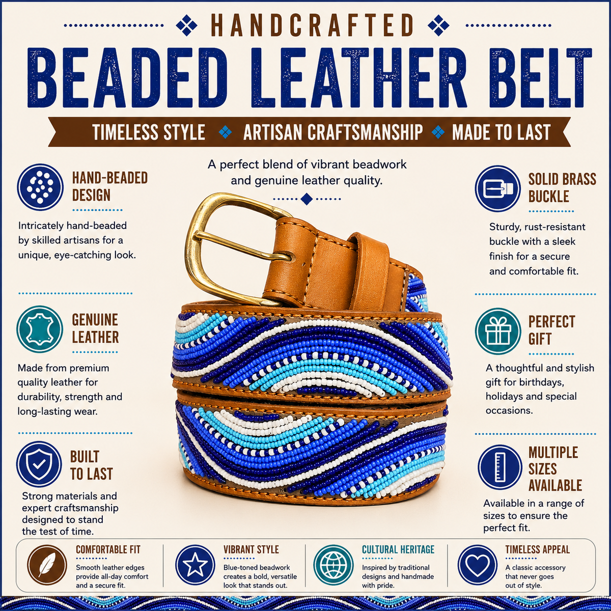 Handcrafted Maasai Belt - Electric Blue Waves