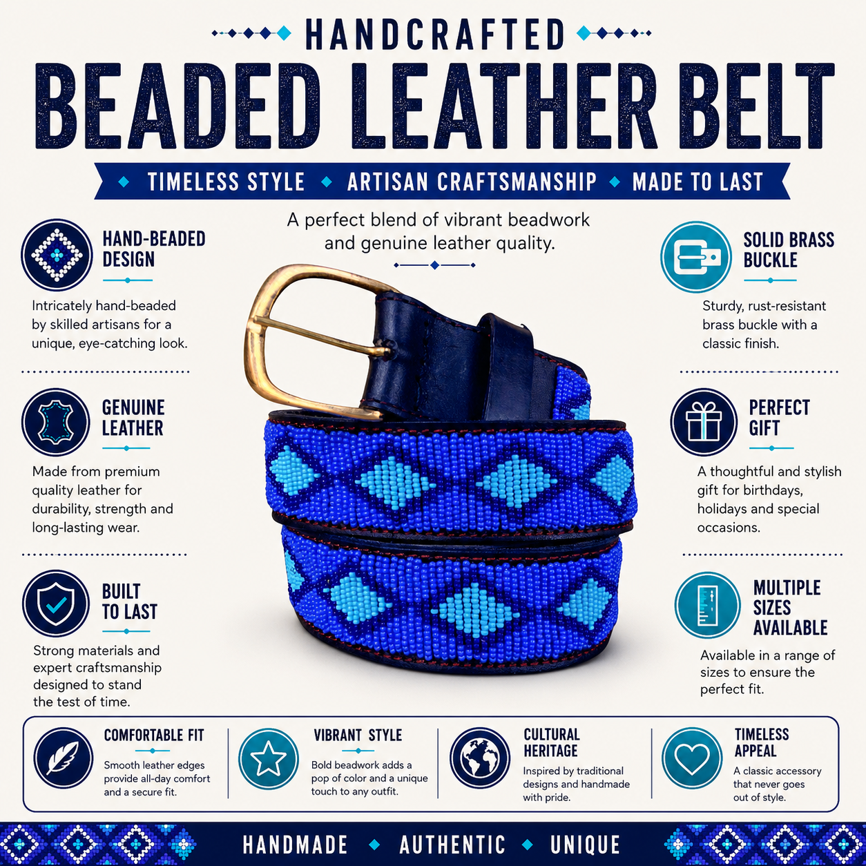 Handcrafted Maasai Belt - Electric Blue Geometric