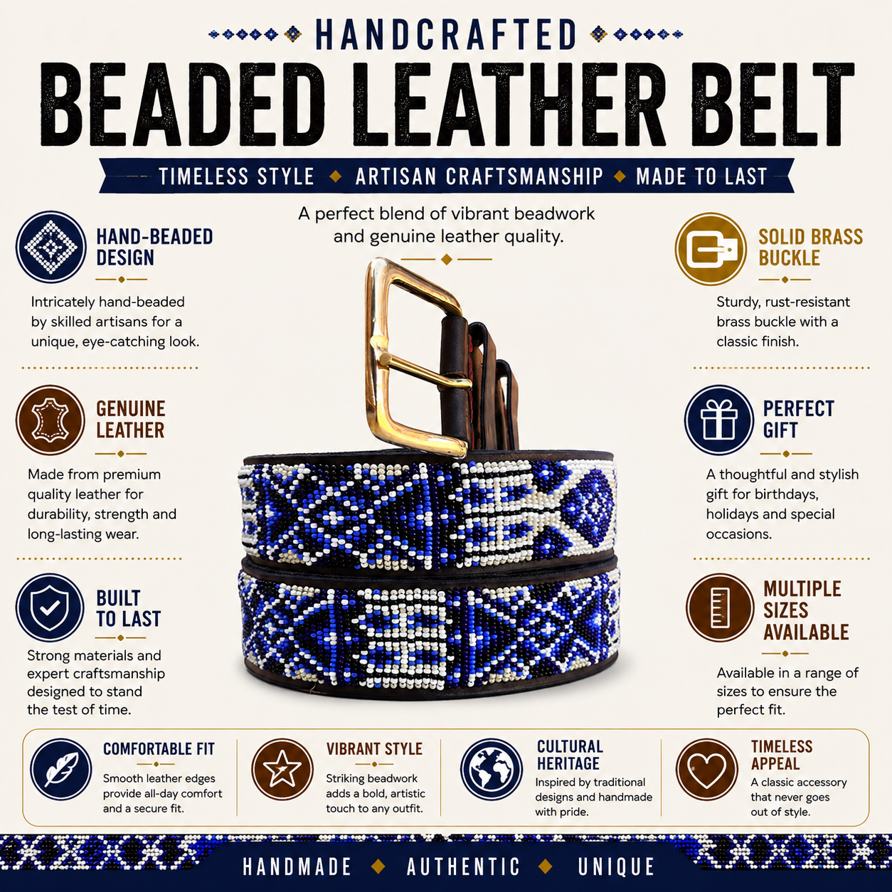 Handcrafted Maasai Belt - Ivory Blue Geometric