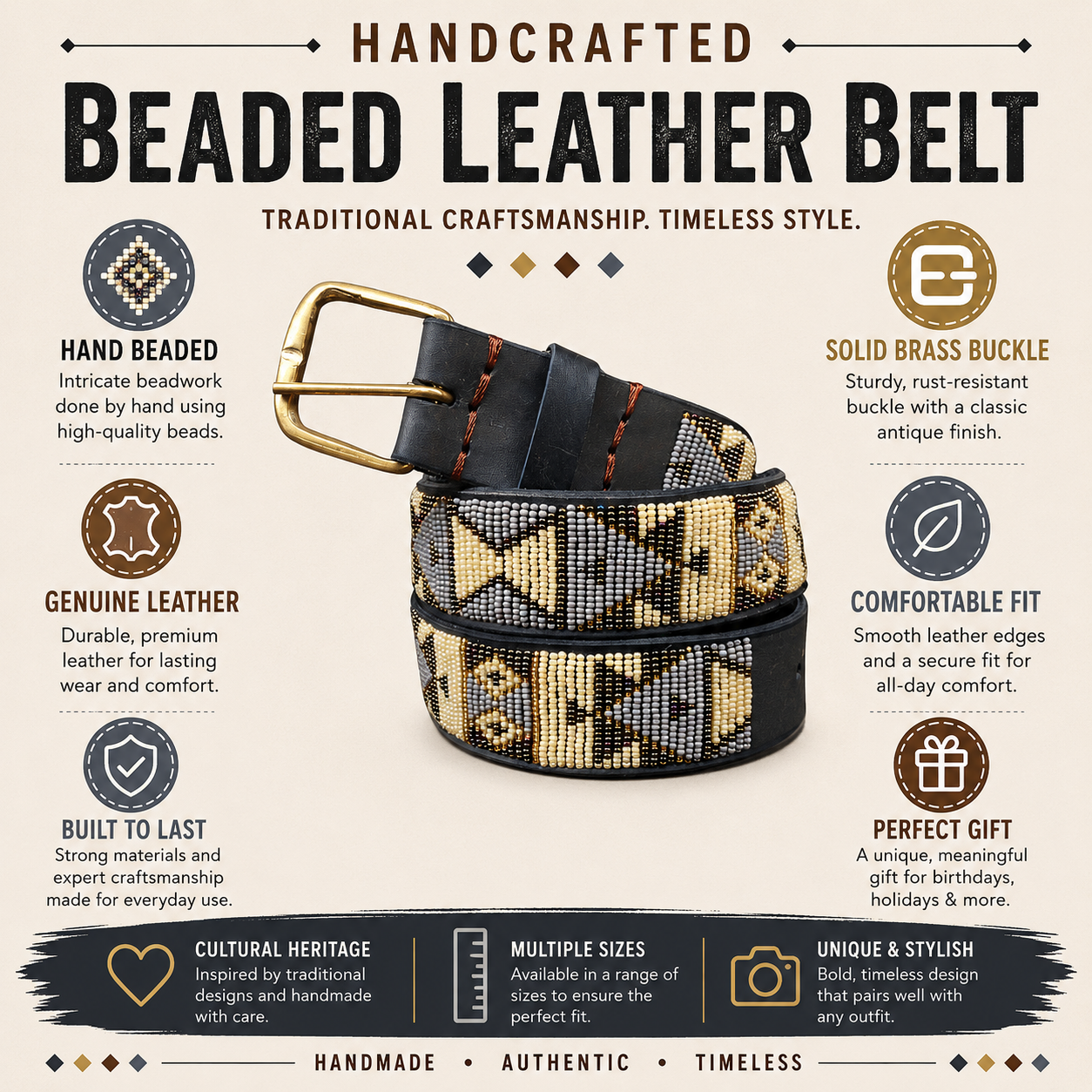 Handcrafted Maasai Belt - Beige Silver Geometric