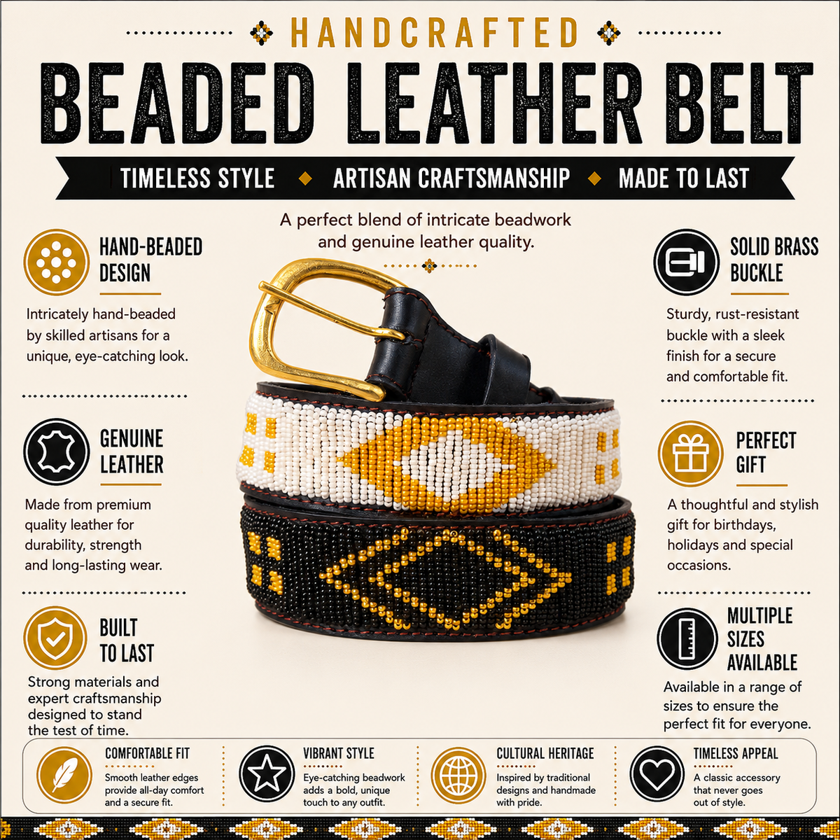 Handcrafted Maasai Belt - Black and Gold Geometric