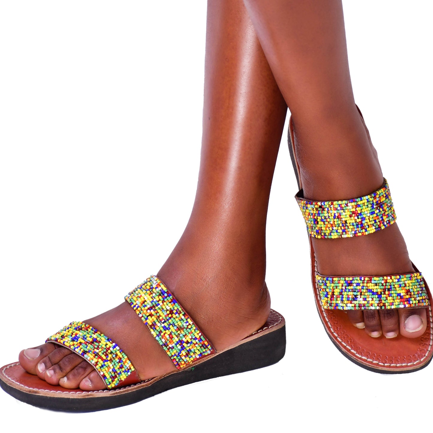 Beaded Women African Slip on Sandals Bohemian Summer Leather Masai Kenya