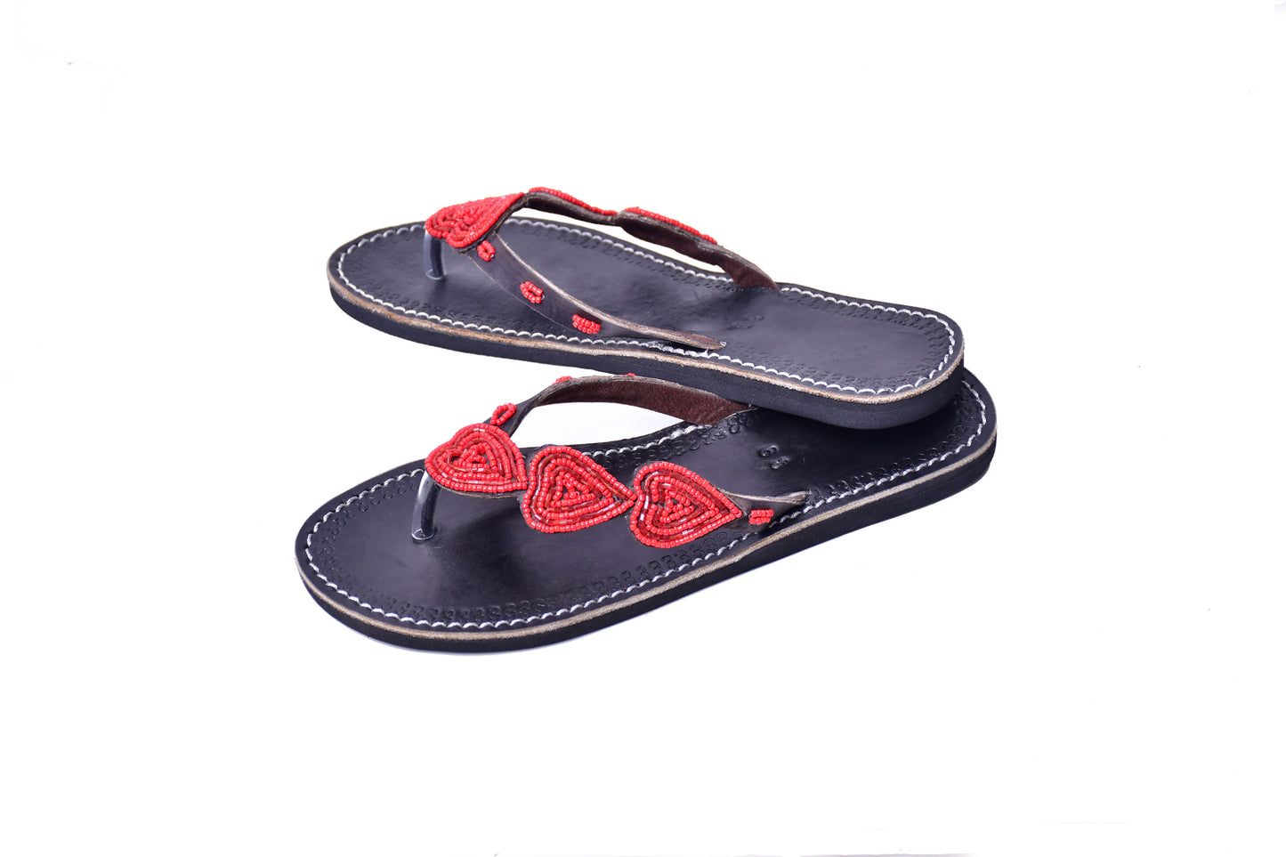 Beaded Women African Slip On Sandals Bohemian Summer Leather Masai Kenya Red Hearts