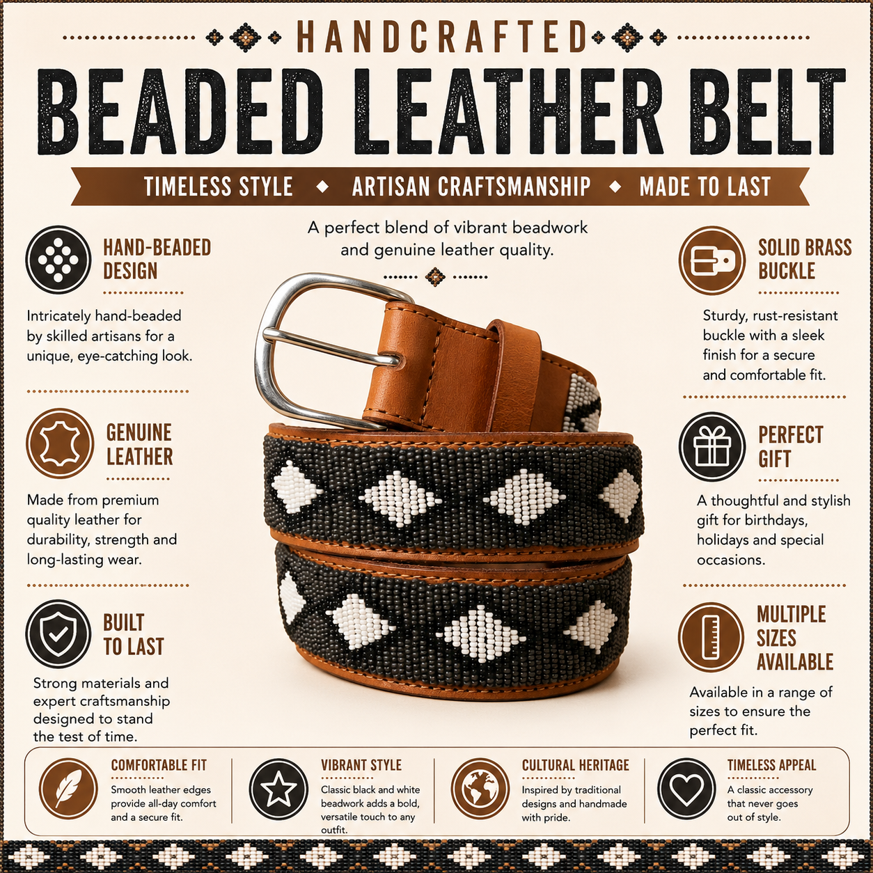 Handcrafted Maasai Belt - Charcoal Gray Geometric