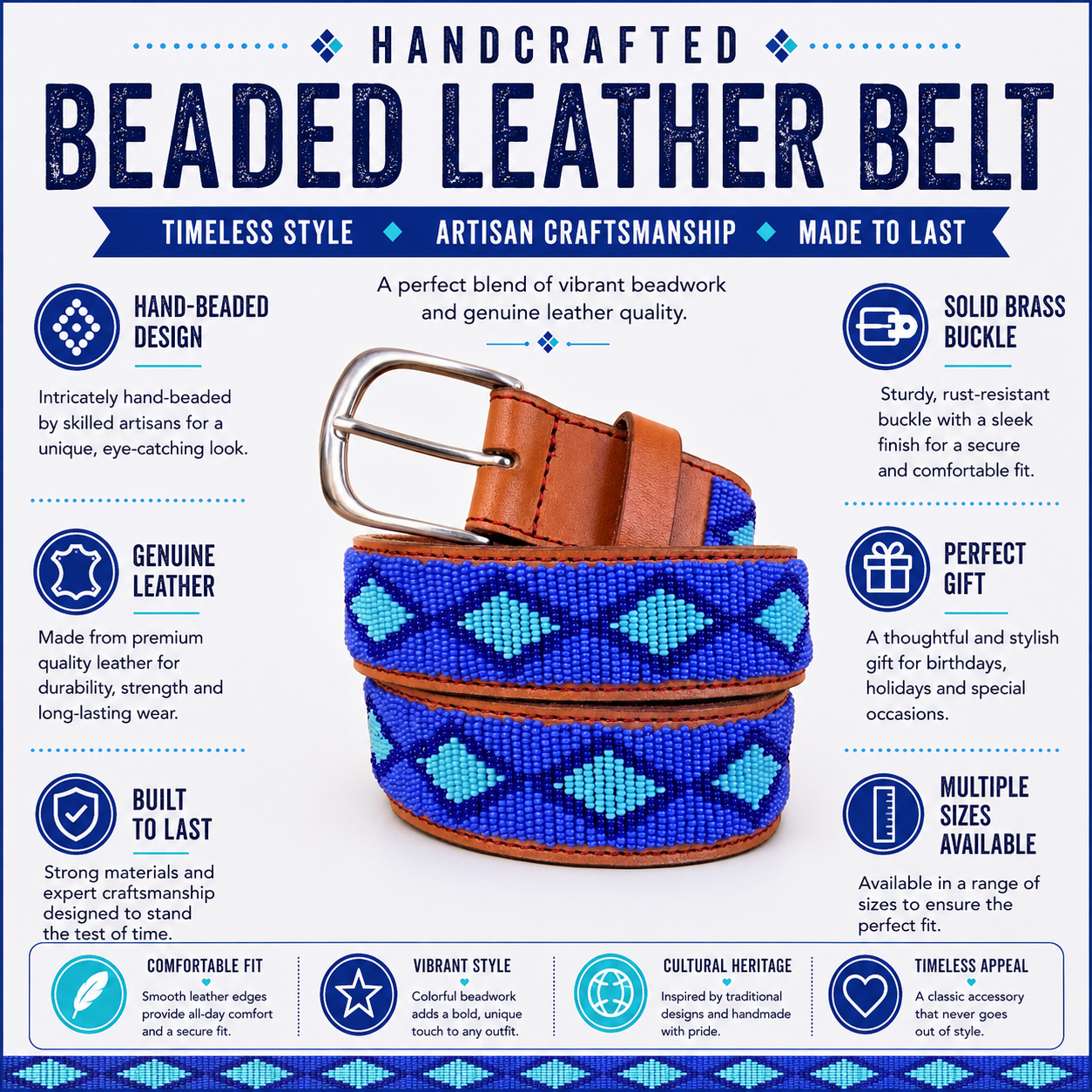 Handcrafted Maasai Belt - Electric Blue Geometric