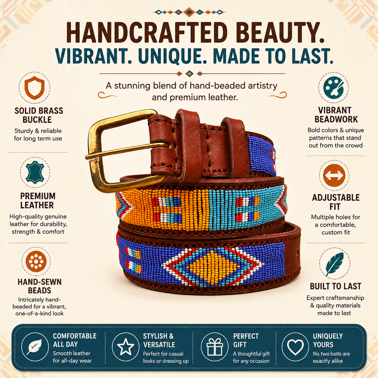 Handcrafted Maasai Belt - Brown Colorful Geometric