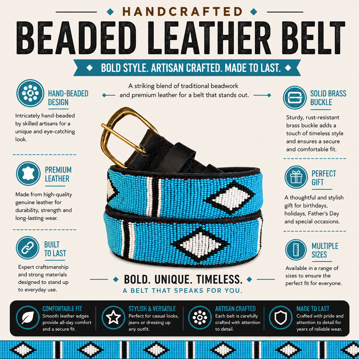 Handcrafted Maasai Belt - Sky Blue Geometric