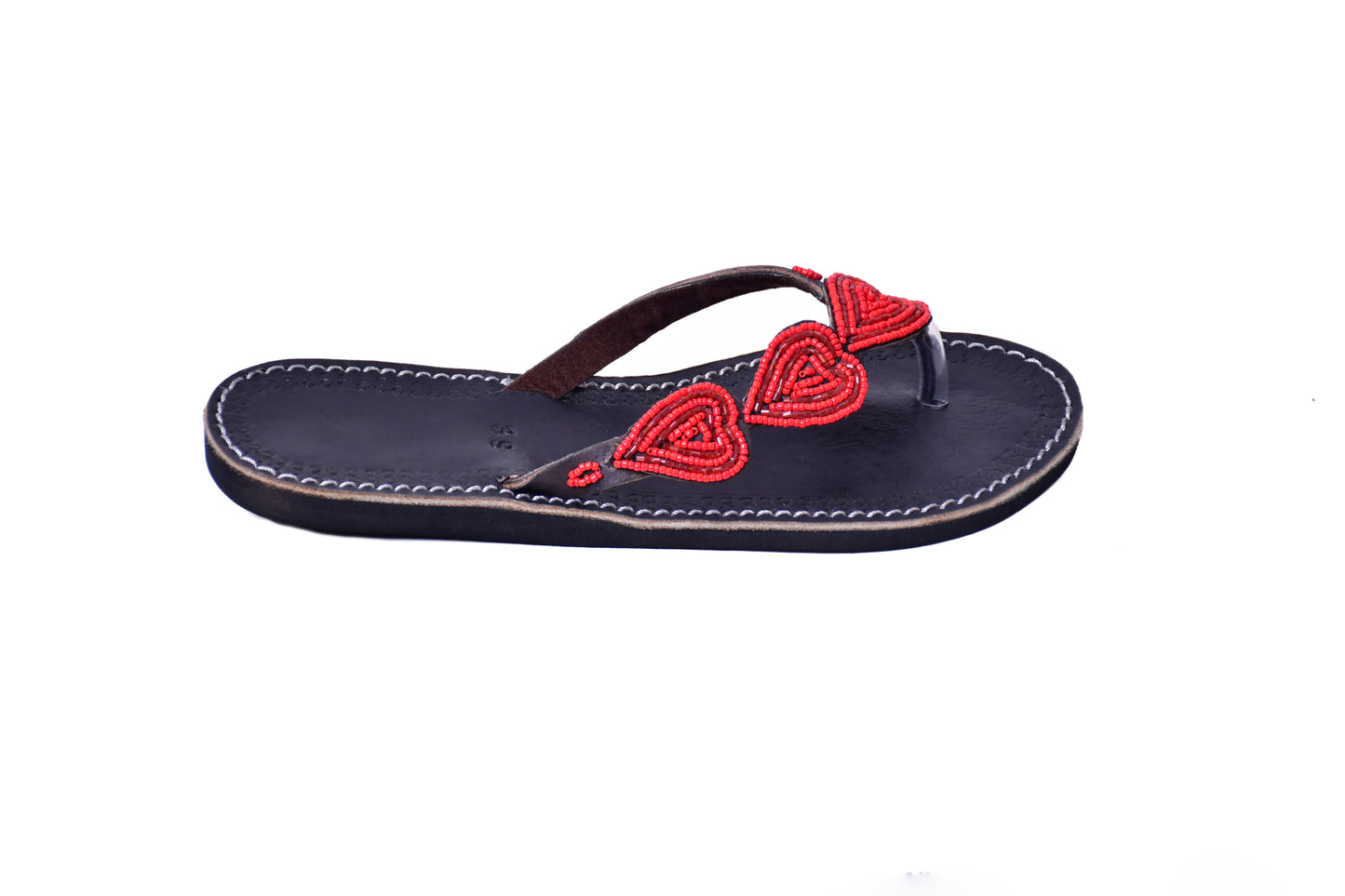 Beaded Women African Slip On Sandals Bohemian Summer Leather Masai Kenya Red Hearts