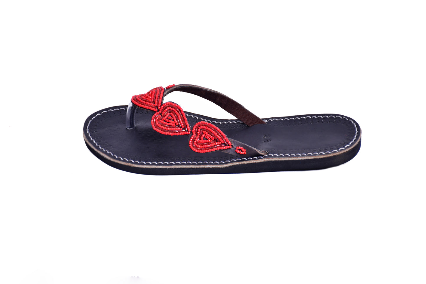 Beaded Women African Slip On Sandals Bohemian Summer Leather Masai Kenya Red Hearts