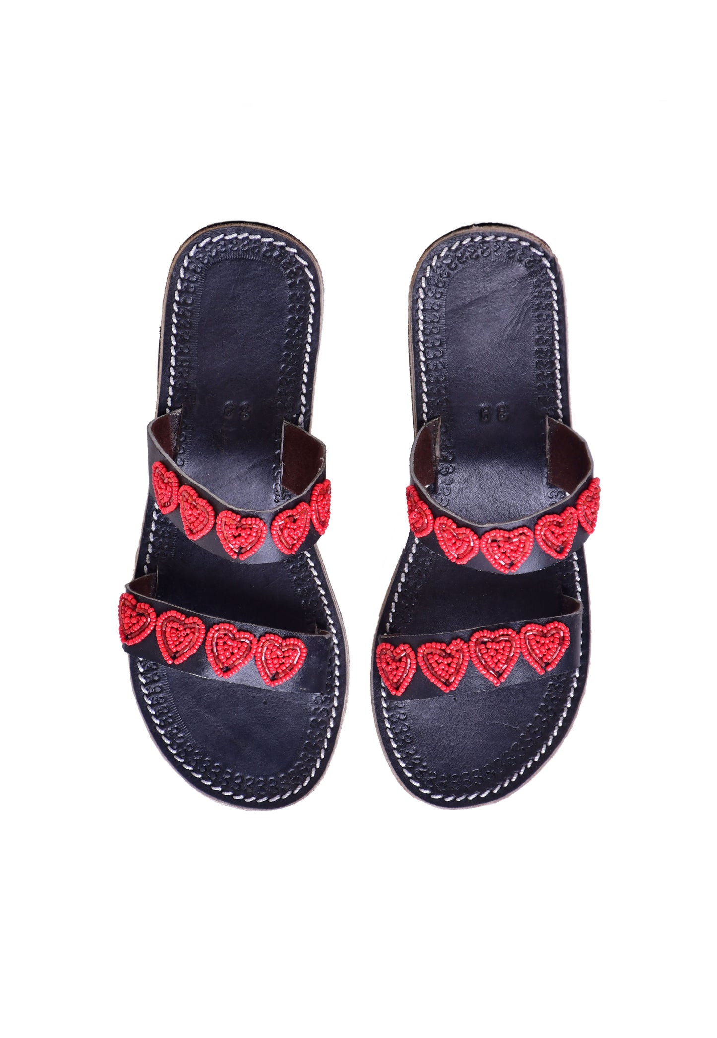 Beaded Women African Slip On Sandals Bohemian Summer Leather Masai Kenya Red Hearts