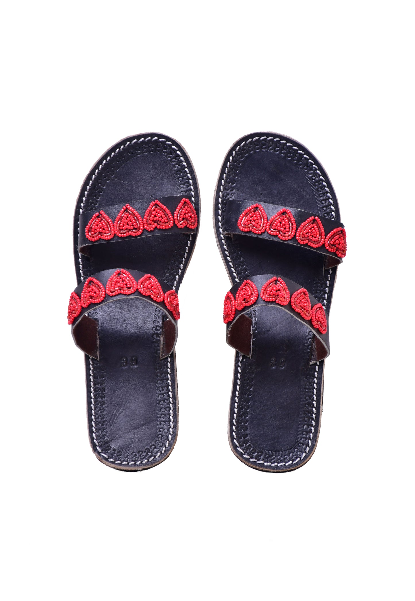 Beaded Women African Slip On Sandals Bohemian Summer Leather Masai Kenya Red Hearts