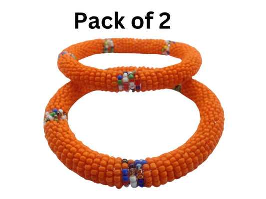 Wrist Band Bracelet Masai Beads African Unisex One Size Set Made in Kenya Orange