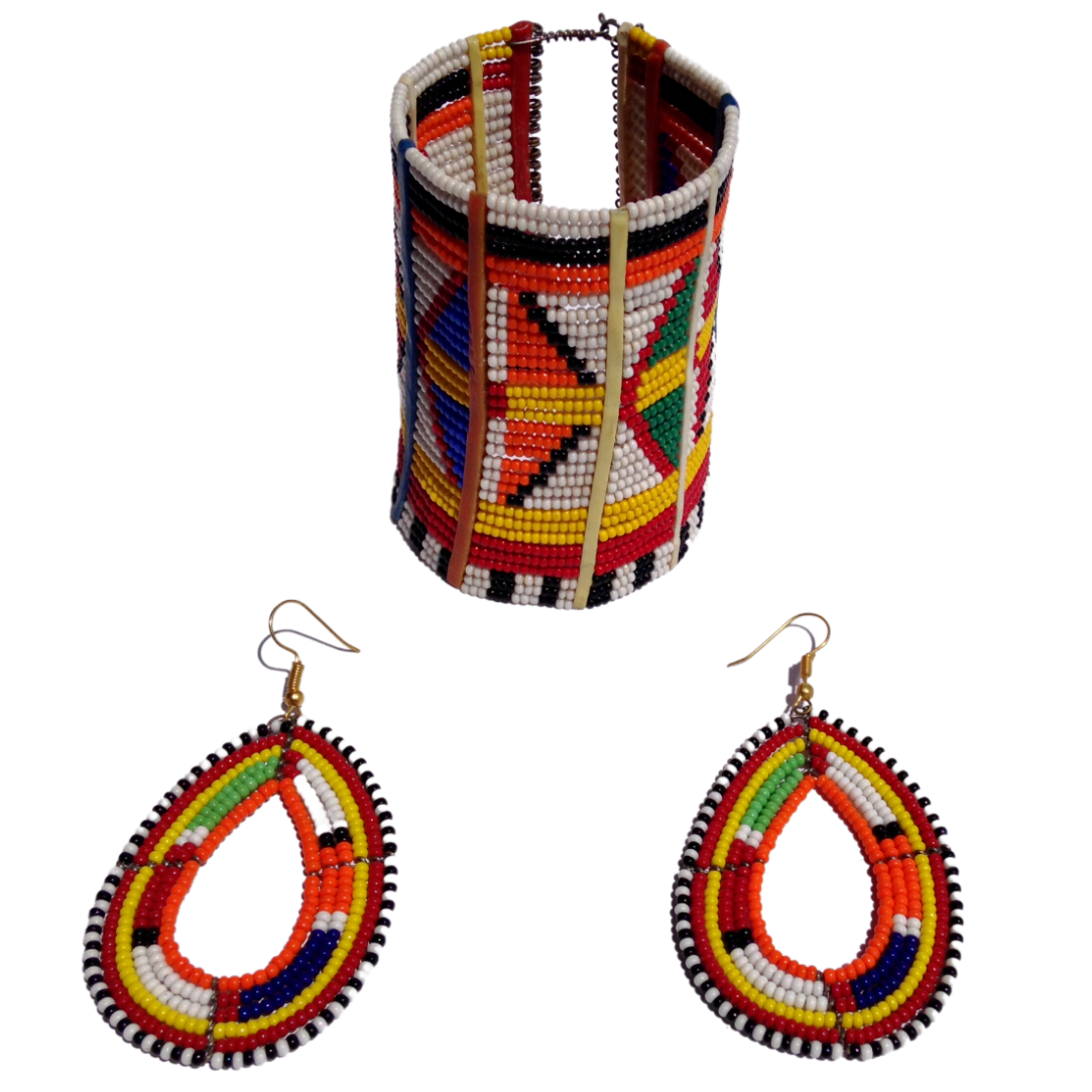 Set of Earrings Bracelet Hand-Crafted Ethnic African Traditional Masai Jewelry