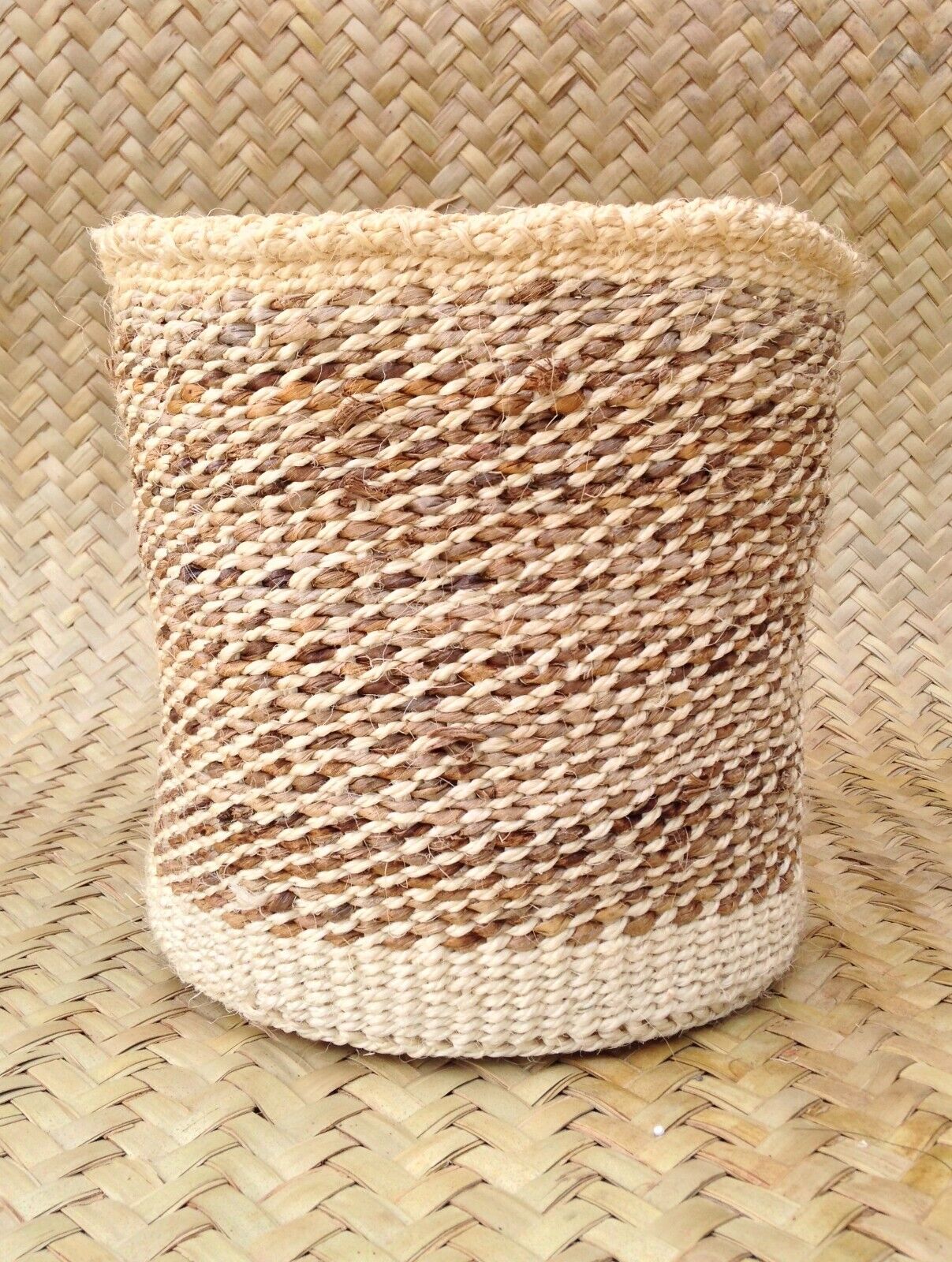 African Kiondo Basket Woven Sisal Storage Planter Kenyan Made 10 in/25.4cm Beige