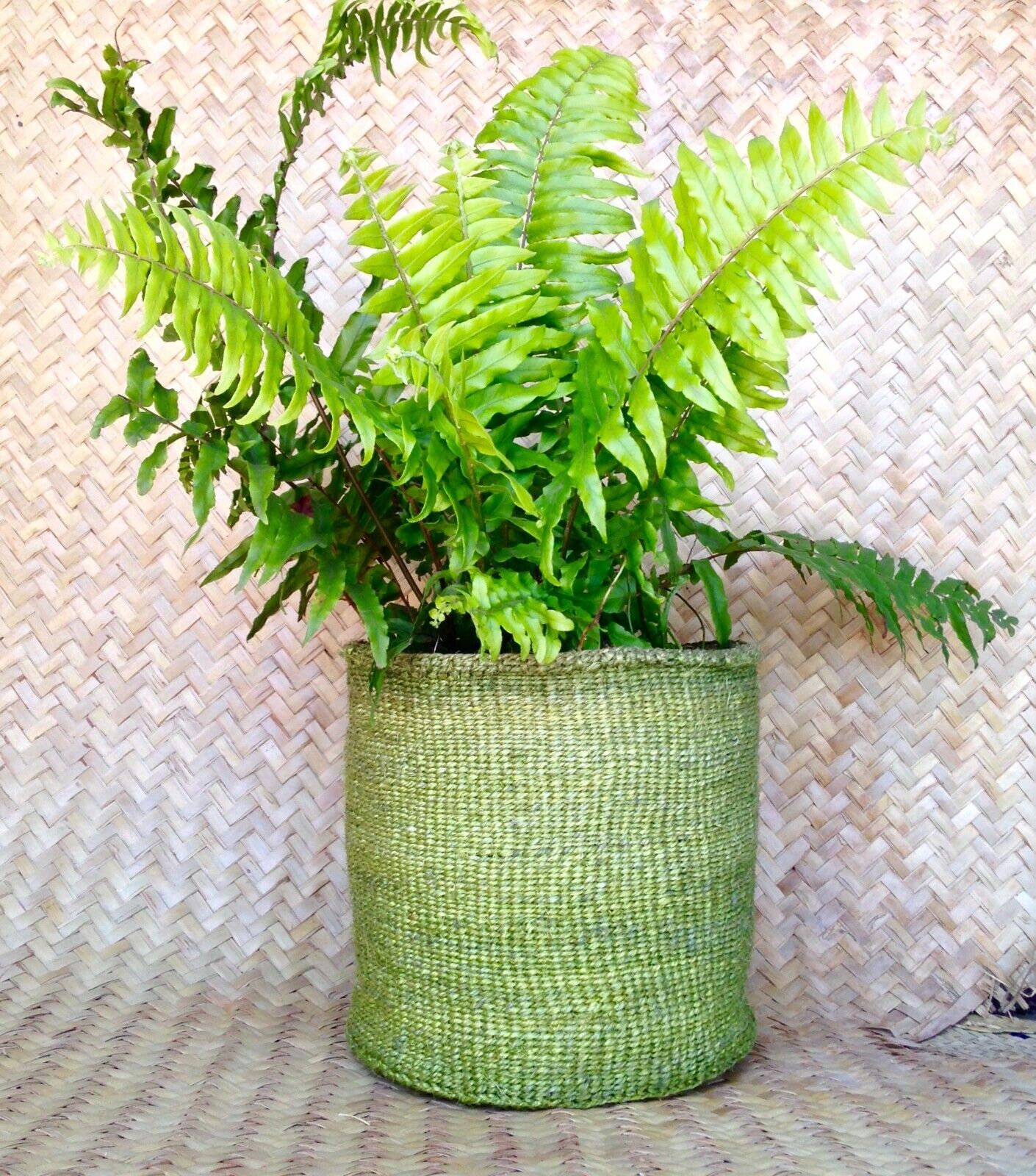 African Kiondo Basket Woven Sisal Storage Planter Kenyan Made 10.5 in/27cm Green