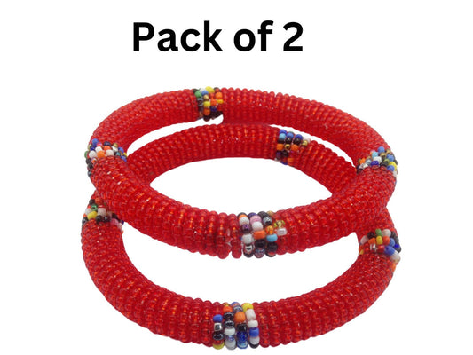 Wrist Band Bracelet Masai Beads African Unisex One size Set 2 Made in Kenya Red