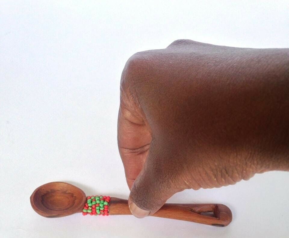 African Olive Wood Tea Spoon with Beads Ethnic Handmade in Kenya 5" Gift Home