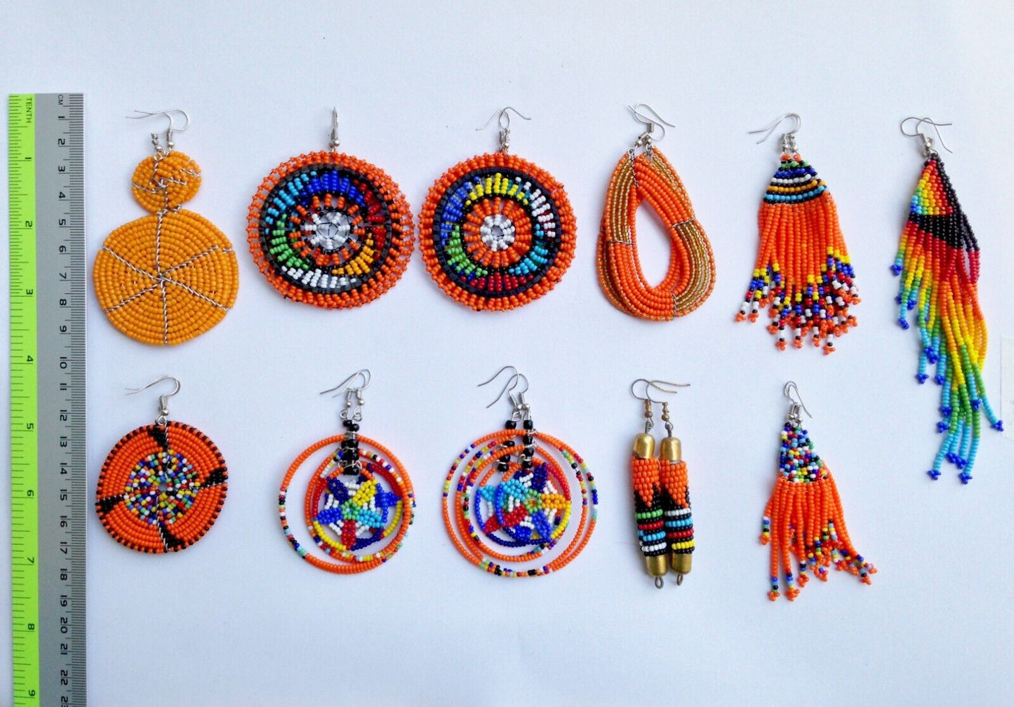 Set of 11 Earrings African Hand-Crafted Ethnic Jewelry Masai Glass Beads Orange