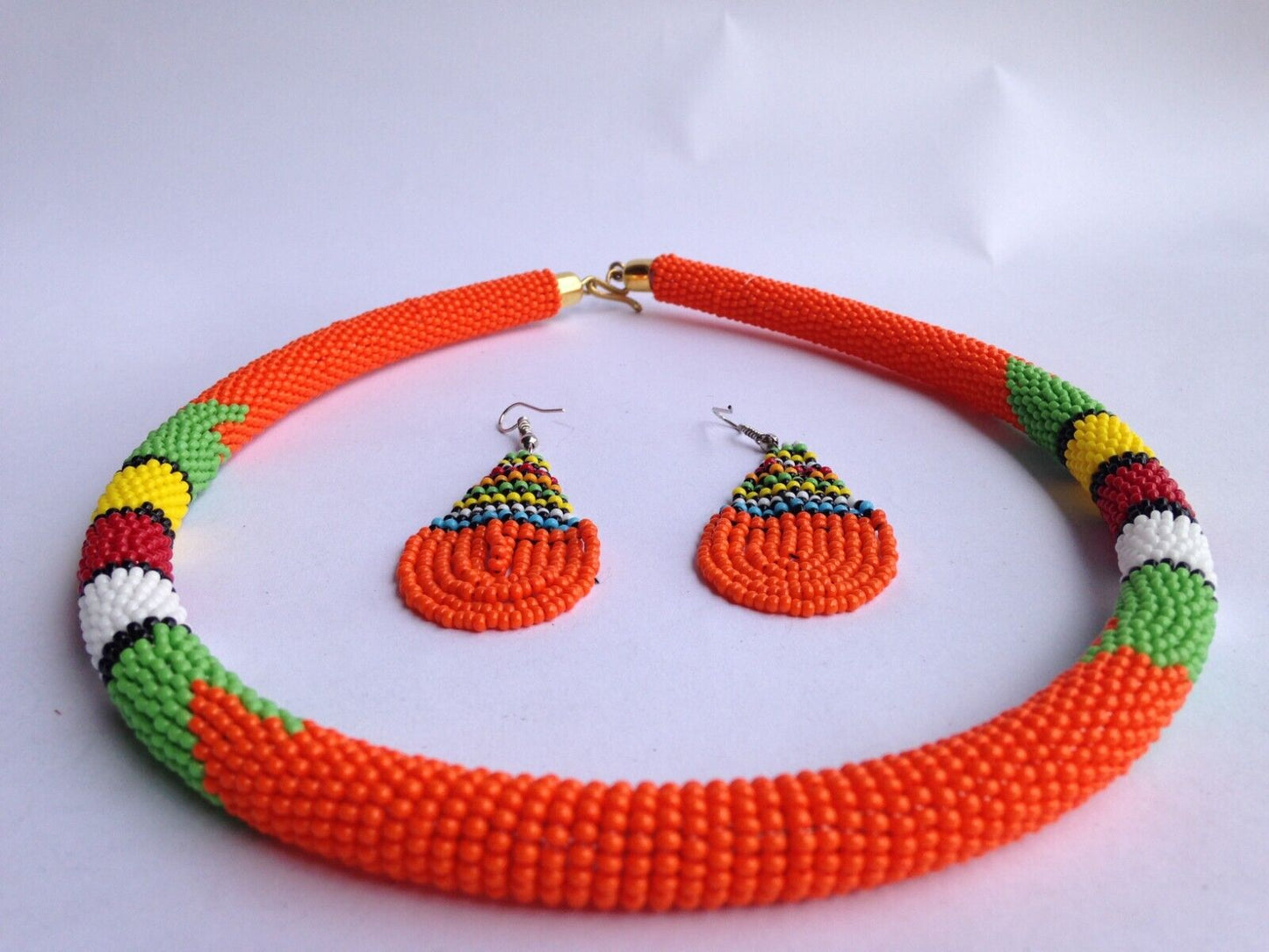 Set of Earrings Bracelet Choker Hand-Crafted Ethnic African Masai Jewelry Orange