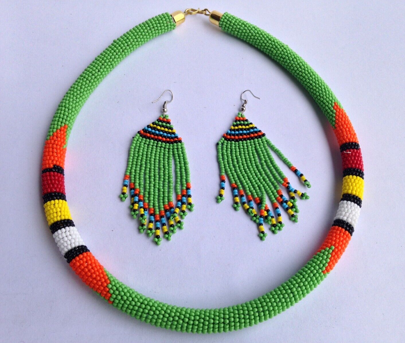 Set of Earrings Bracelet Choker Hand-Crafted Ethnic African Masai Jewelry Green