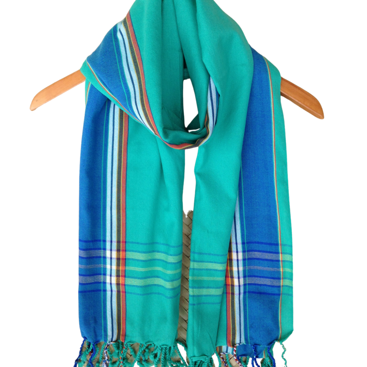 Kikoi Vibrant Gift 100% Cotton Ethnic Teal Green Tassels Scarf Beach Wrap Kenyan Made