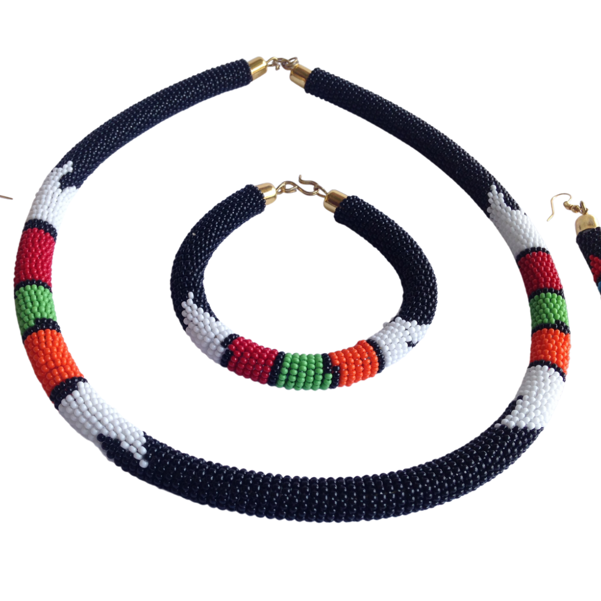 Set of Earrings Bracelet Choker Hand-Crafted Ethnic African Masai Jewelry Black