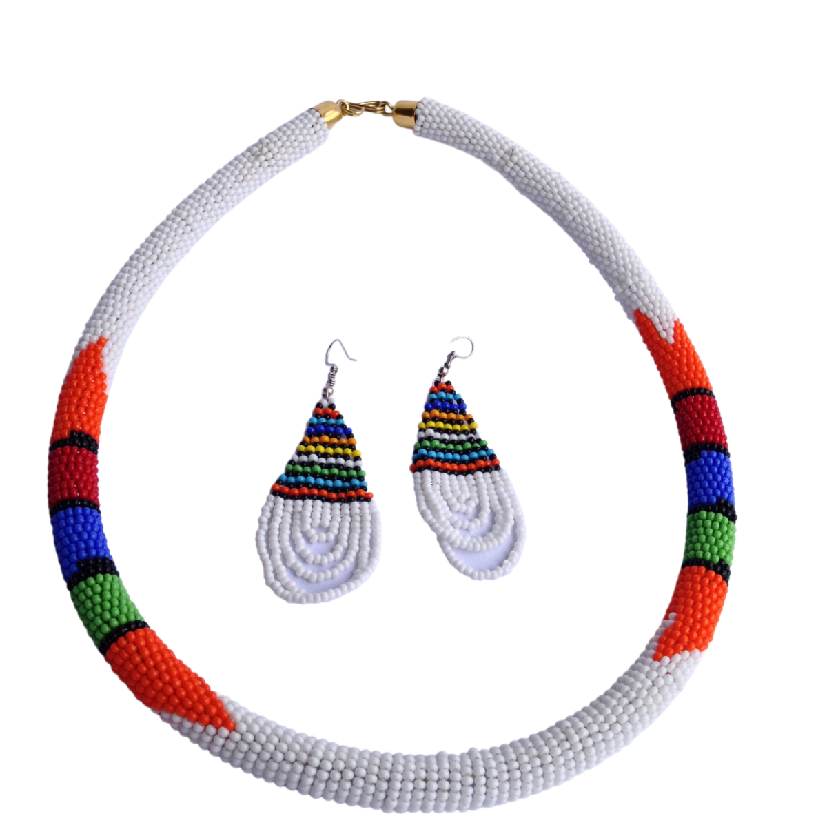 Set of Earrings Choker Hand-Crafted Ethnic African Masai Jewelry White