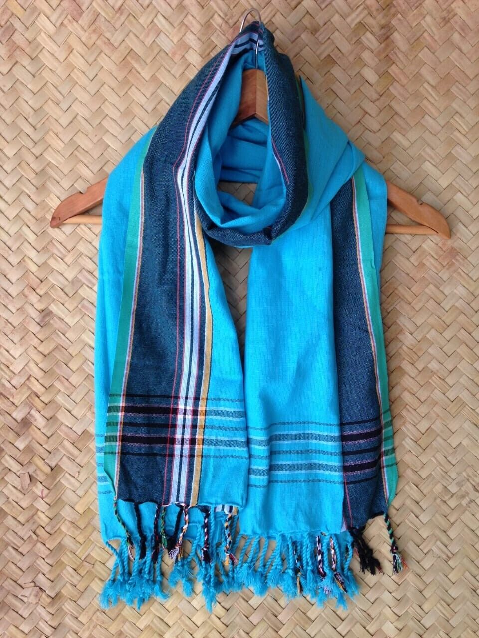 Kikoi Vibrant Gift 100% Cotton Ethnic Blue Tassels Scarf Beach Wrap Kenyan Made