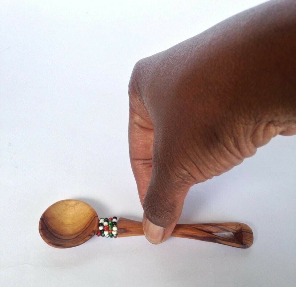 African Olive Wood Tea Spoon with Beads Ethnic Handmade in Kenya 5" Gift Home