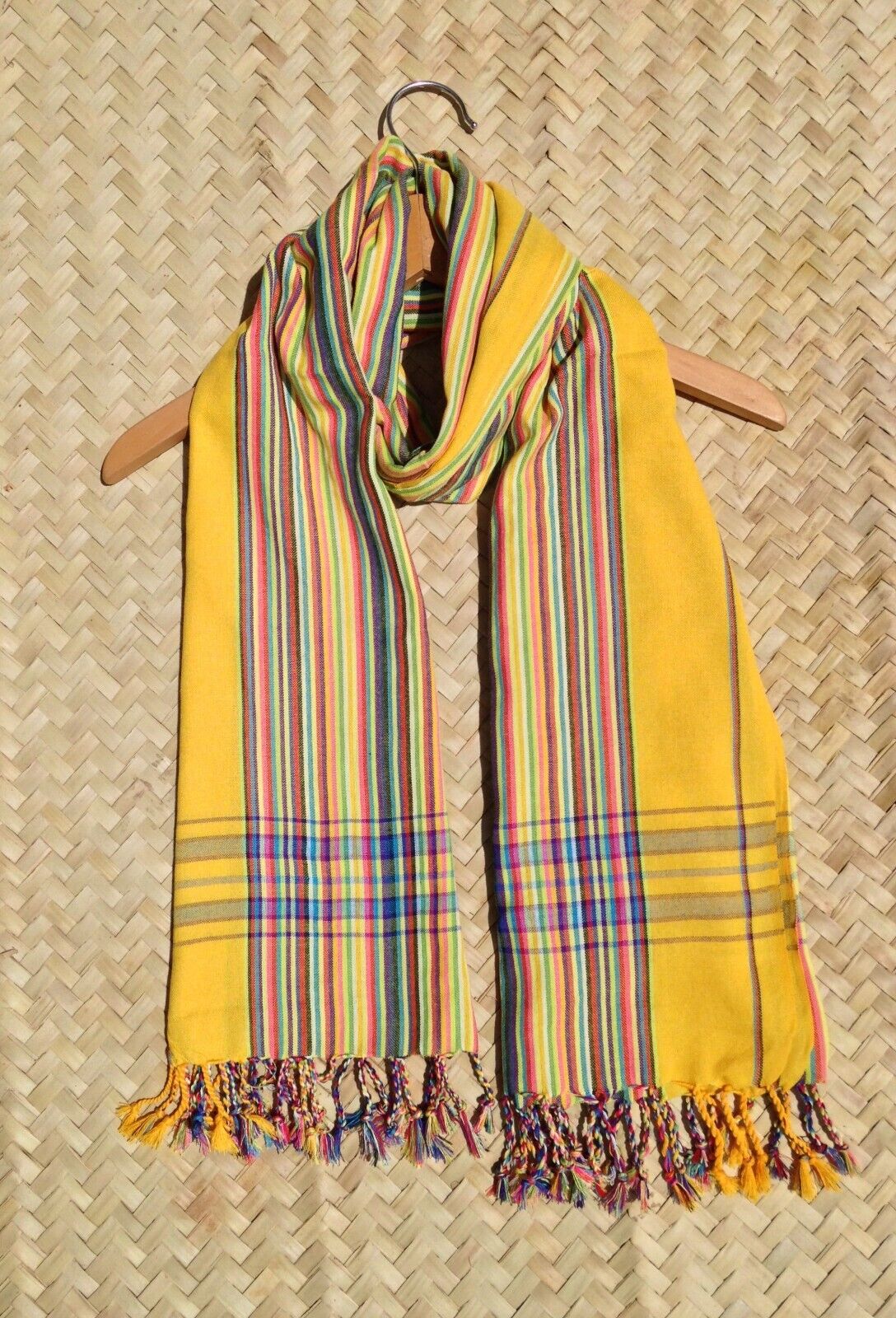 Kikoi Vibrant Gift 100% Cotton Ethnic Yellow Tassels Scarf Beach Wrap Kenya Made