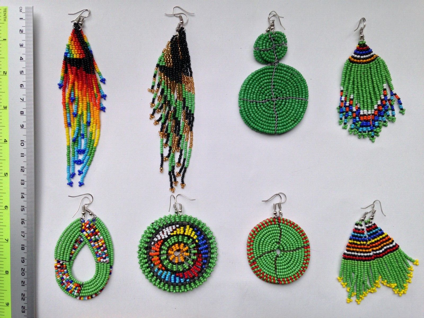 Set of 8 Earrings African Hand-Crafted Ethnic Jewelry Masai Glass Beads Green