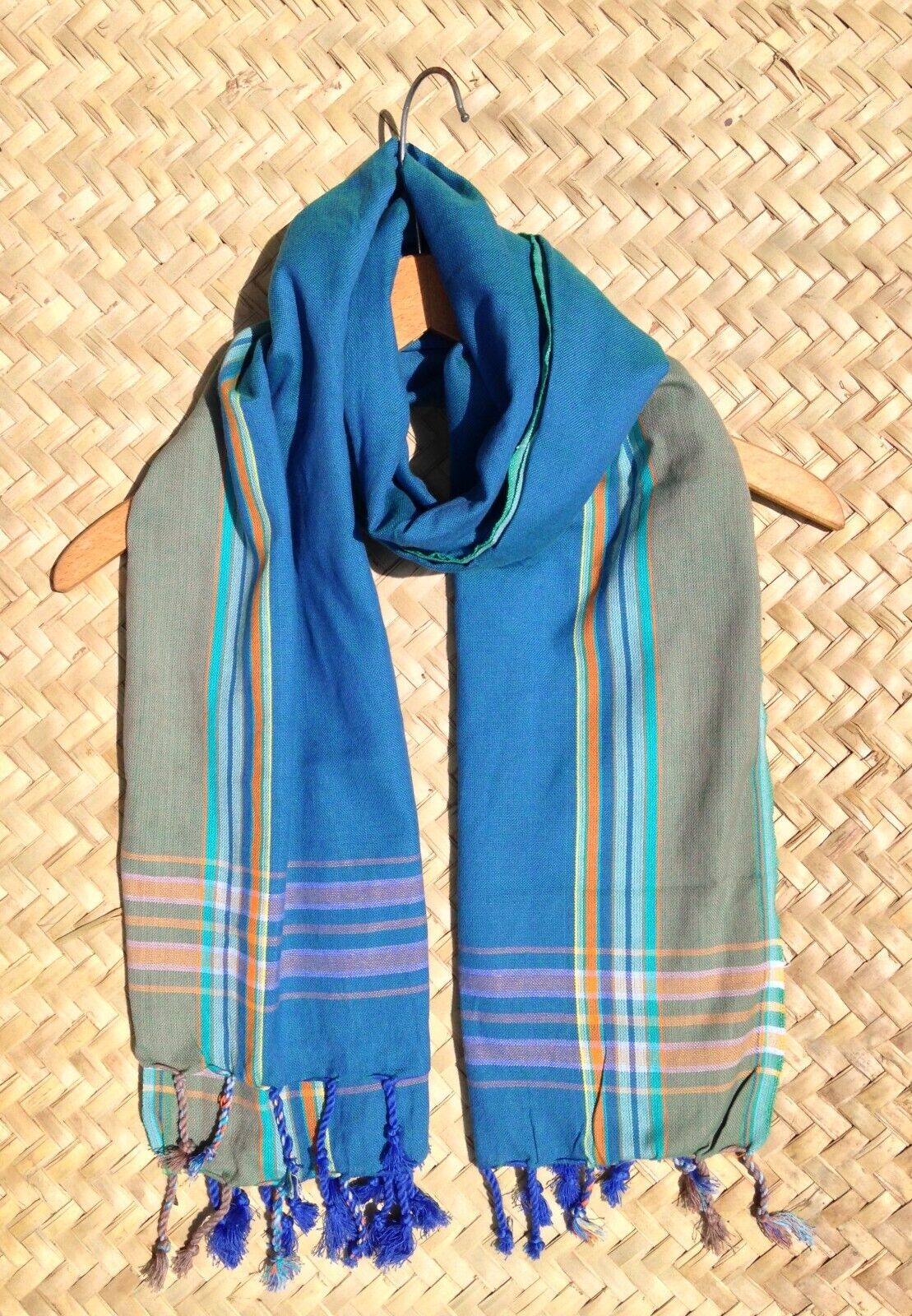 Kikoi Vibrant Gift 100% Cotton Ethnic Blue Tassels Scarf Beach Wrap Kenyan Made