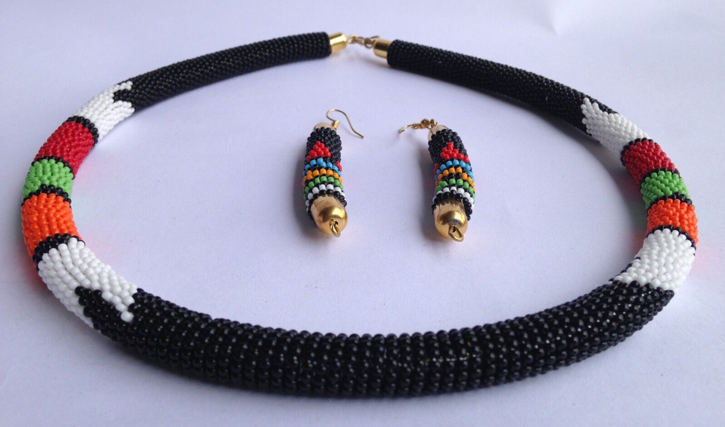 Set of Earrings Bracelet Choker Hand-Crafted Ethnic African Masai Jewelry Black