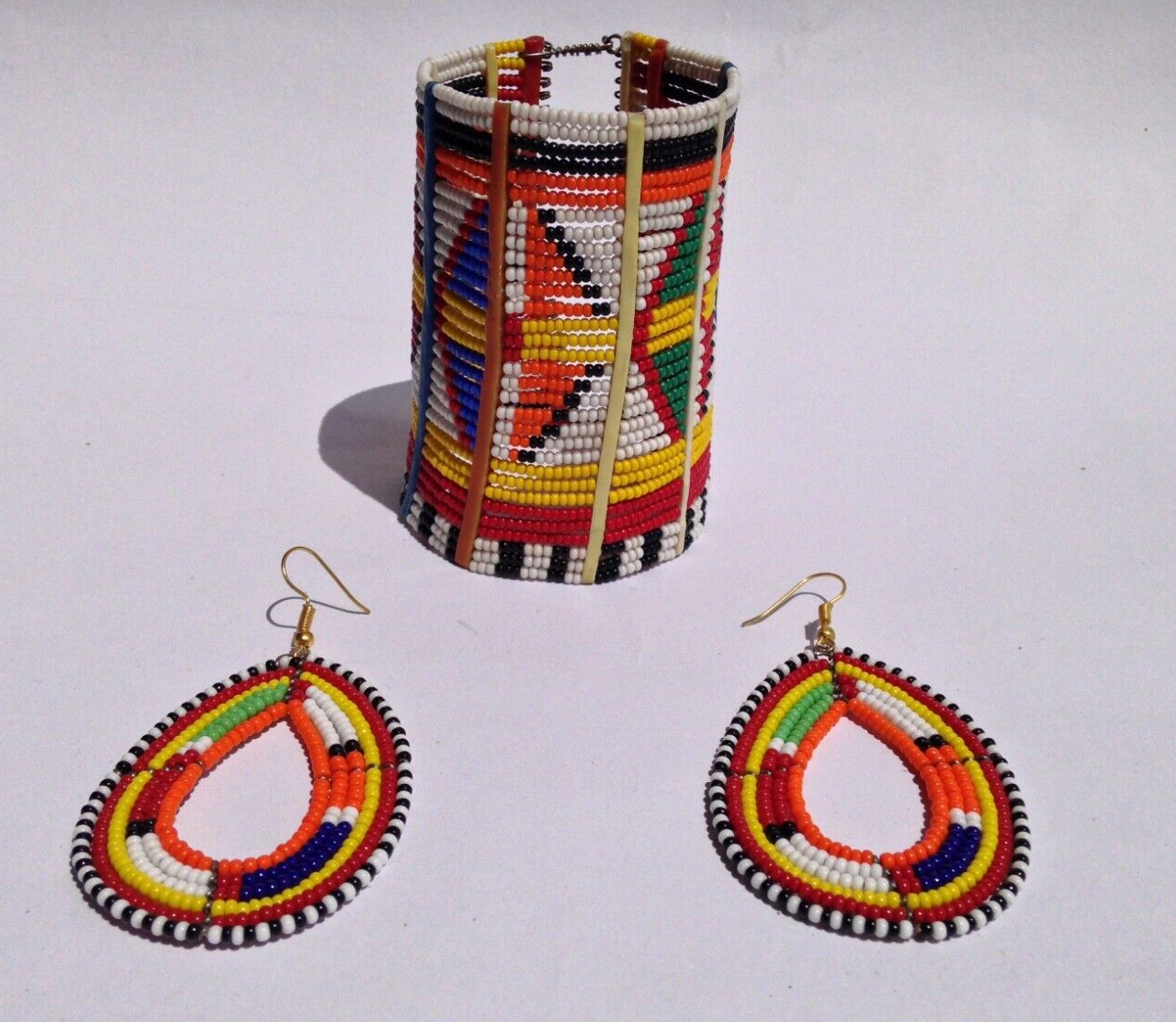 Set of Earrings Bracelet Hand-Crafted Ethnic African Traditional Masai Jewelry