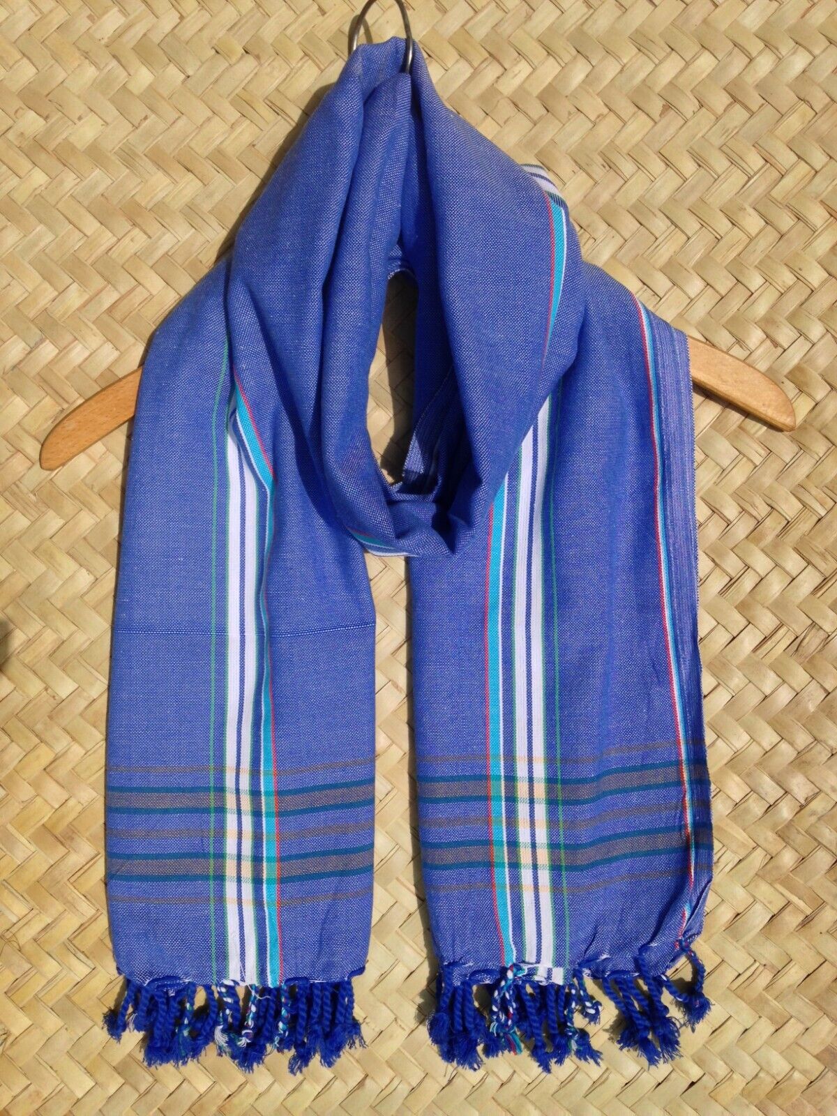 Kikoi Vibrant Gift 100% Cotton Ethnic Blue Tassels Scarf Beach Wrap Kenyan Made