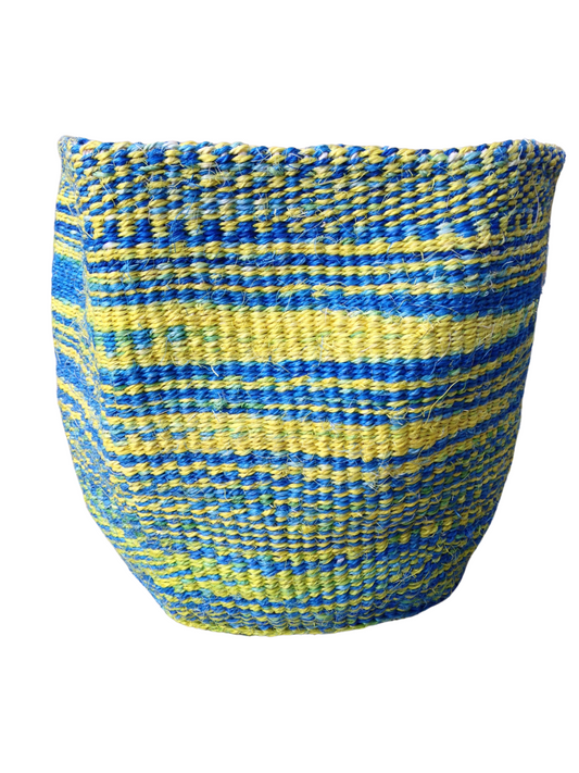 African Kiondo Basket Woven Sisal Storage Planter Kenyan Made 10.5 in/27cm Blue