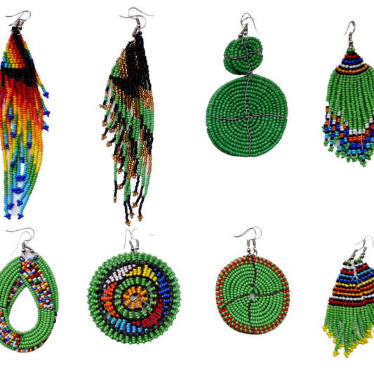 Set of 8 Earrings African Hand-Crafted Ethnic Jewelry Masai Glass Beads Green