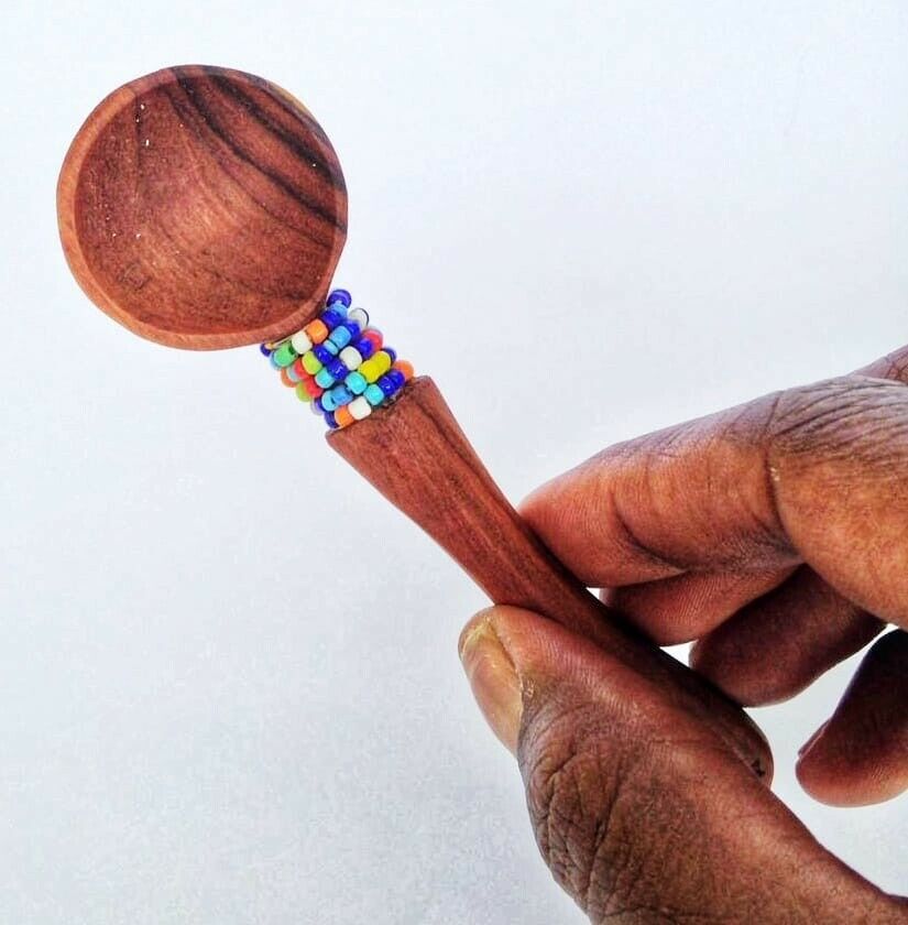 African Olive Wood Tea Spoon with Beads Ethnic Handmade in Kenya 4.5" Gift Home