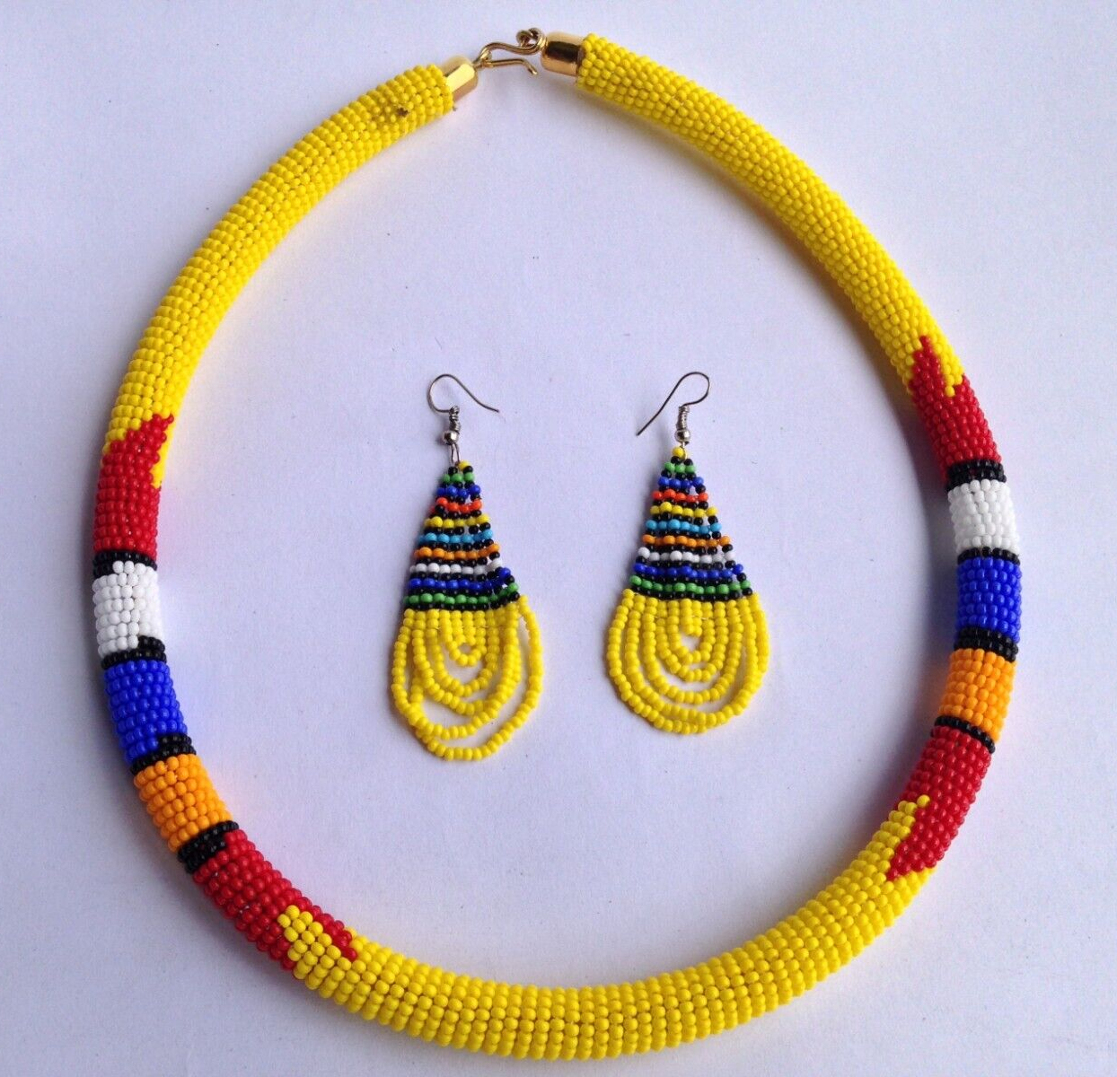 Set of Earrings Bracelet Choker Hand-Crafted Ethnic African Masai Jewelry Yellow