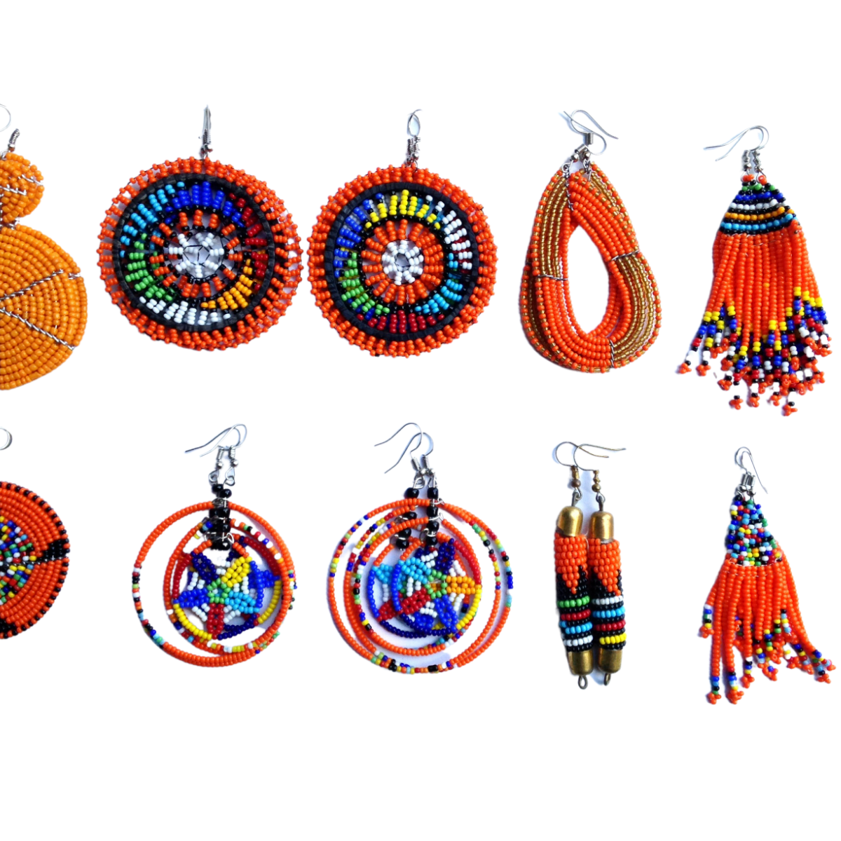 Set of 11 Earrings African Hand-Crafted Ethnic Jewelry Masai Glass Beads Orange