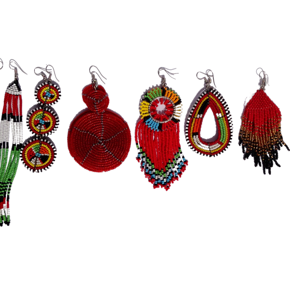 Set of 8 Earrings African Hand-Crafted Ethnic Jewelry Masai Glass Beaded  Red