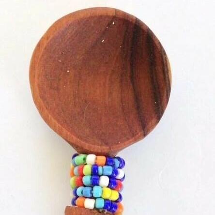 African Olive Wood Tea Spoon with Beads Ethnic Handmade in Kenya 4.5" Gift Home