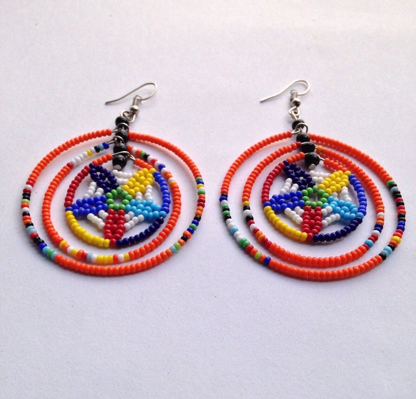 Set of 11 Earrings African Hand-Crafted Ethnic Jewelry Masai Glass Beads Orange