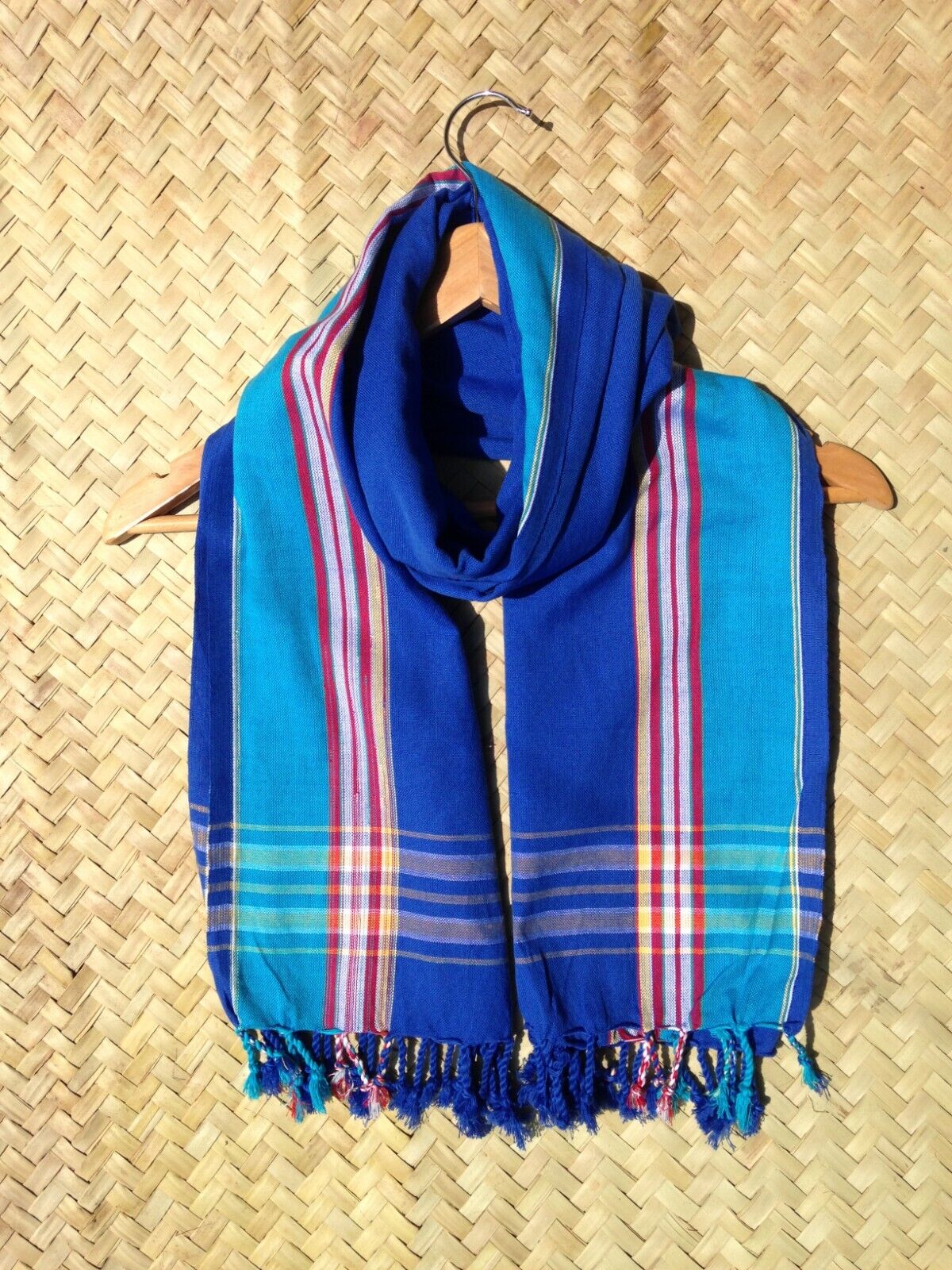 Kikoi Vibrant Gift 100% Cotton Ethnic Tassels Scarf Beach Wrap Kenya Made Blue